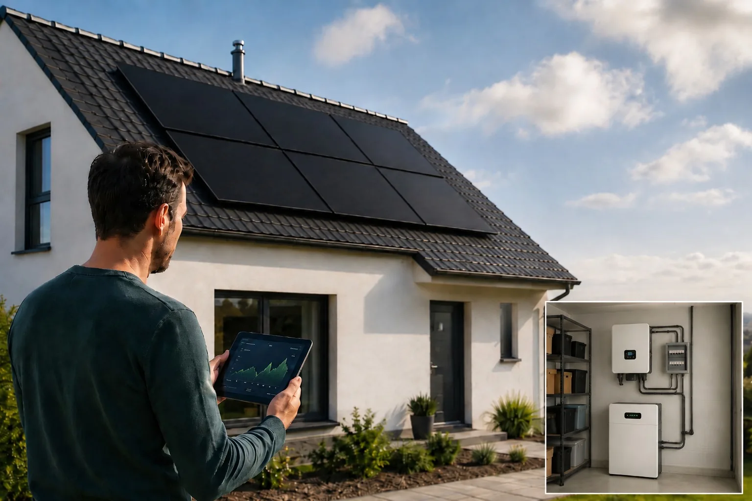 A UK home with a roof-mounted solar array, inverter and battery